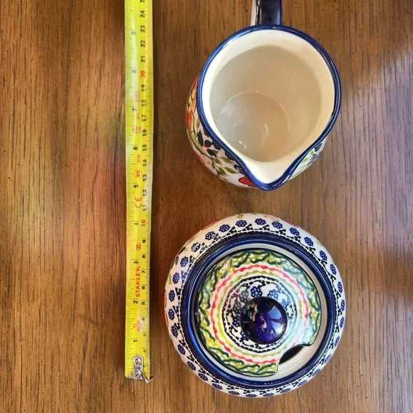 Authentic Handmade Polish Pottery UNIKAT Sugar Bowl with Lid & Matching Creamer - Picture 5 of 7